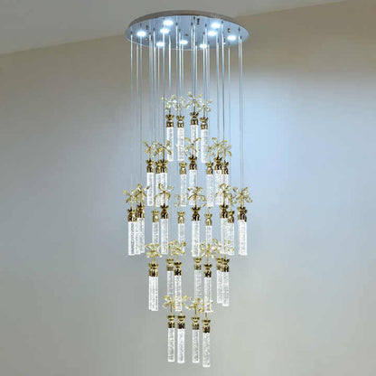 Luxury Flower Crystal Spiral Staircase Chandelier with 49 Glass Rods & Sparkling Gold Finish for Duplex Ceiling Lighting