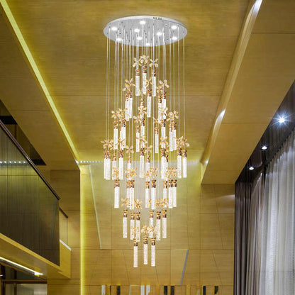 Luxury Flower Crystal Spiral Staircase Chandelier with 49 Glass Rods & Sparkling Gold Finish for Duplex Ceiling Lighting