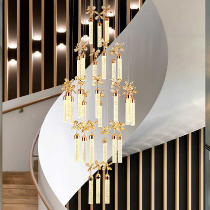 Luxury Flower Crystal Spiral Staircase Chandelier with 49 Glass Rods & Sparkling Gold Finish for Duplex Ceiling Lighting