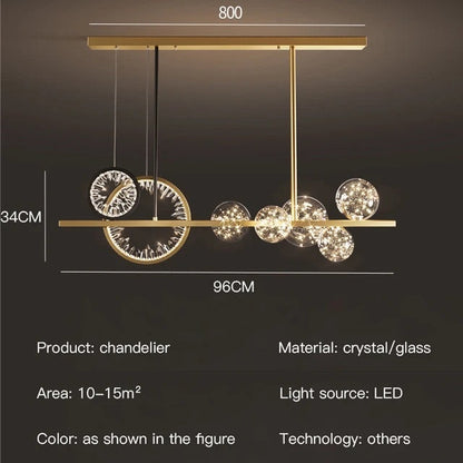 Stunning 5-Light Gold Body Linear Crystal Bubble Glass Ball LED Chandelier for Elegant Home Decor