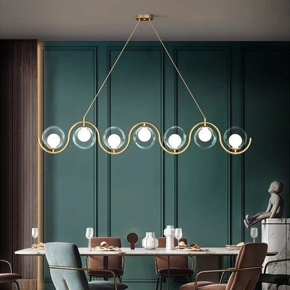 Elegant 7-Light Gold Body Linear LED Chandelier with Glass Ball Shades for Modern Interiors