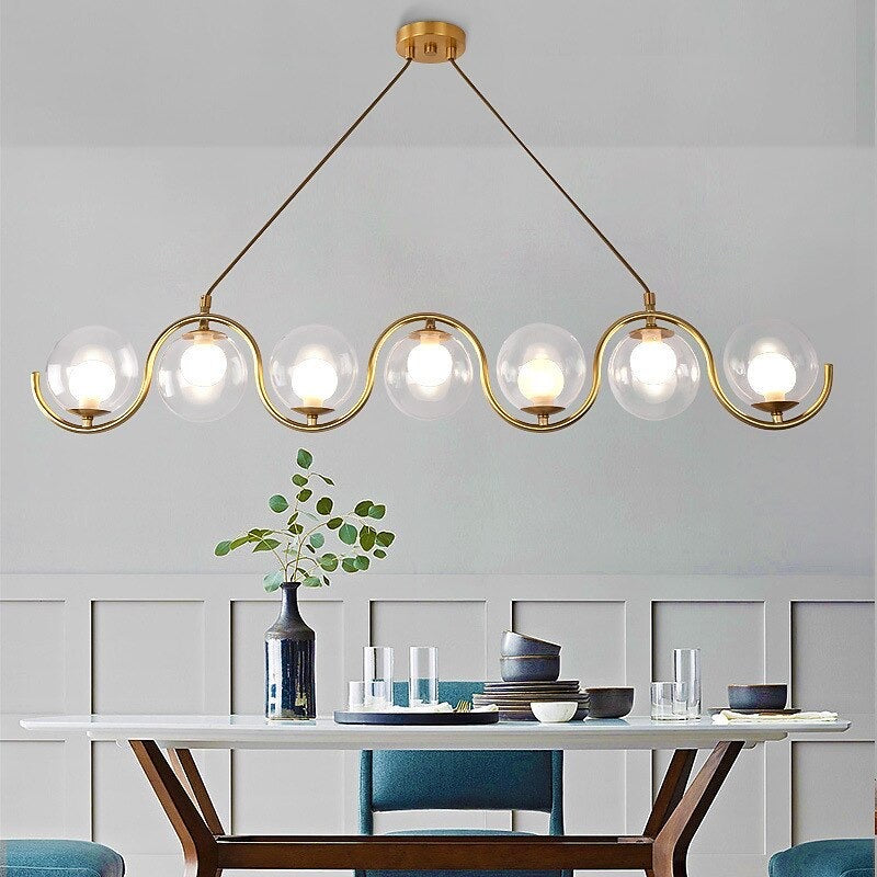 Elegant 7-Light Gold Body Linear LED Chandelier with Glass Ball Shades for Modern Interiors