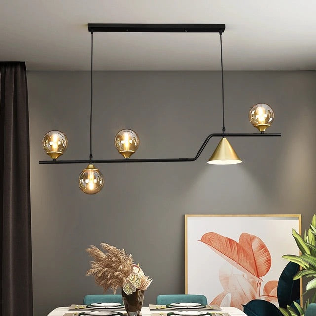 Elegant 5-Light Black Body Linear LED Chandelier with Glass Ball Shades - Modern Hanging Lamp for Contemporary Interiors