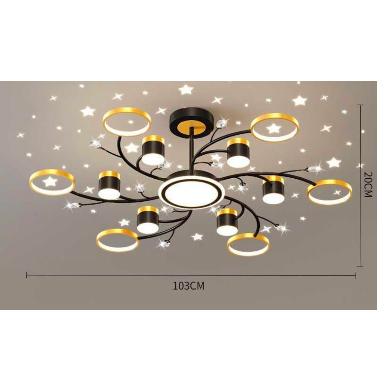 Luxurious 12 - Light LED Chandelier – Warm White Star Projection with Gold and Black Acrylic Finish