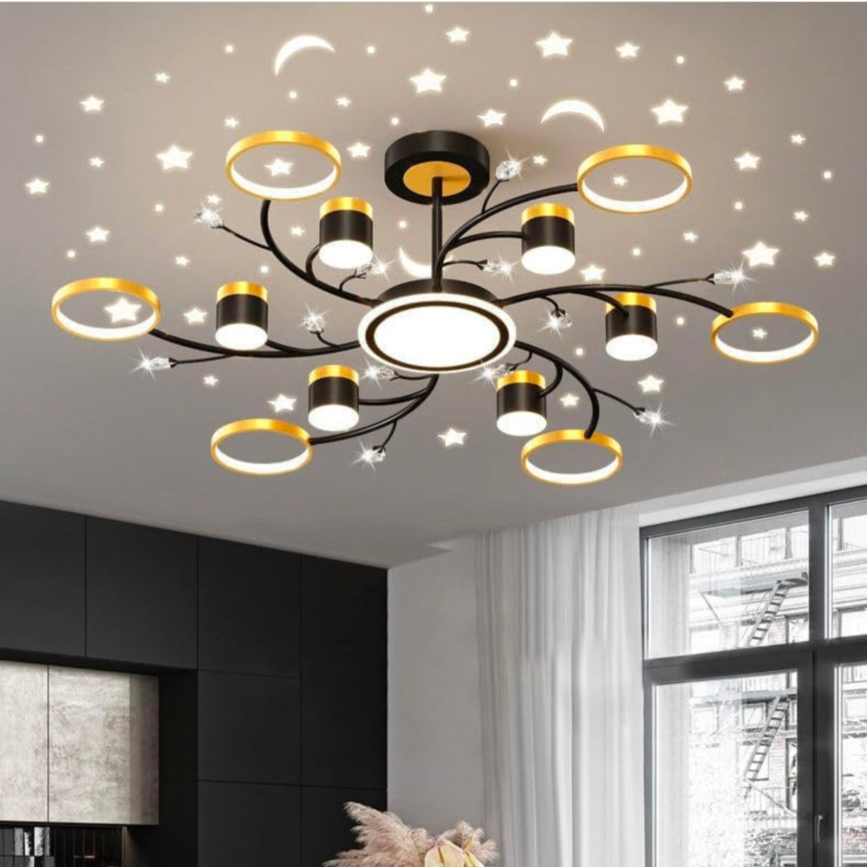 Luxurious 12 - Light LED Chandelier – Warm White Star Projection with Gold and Black Acrylic Finish