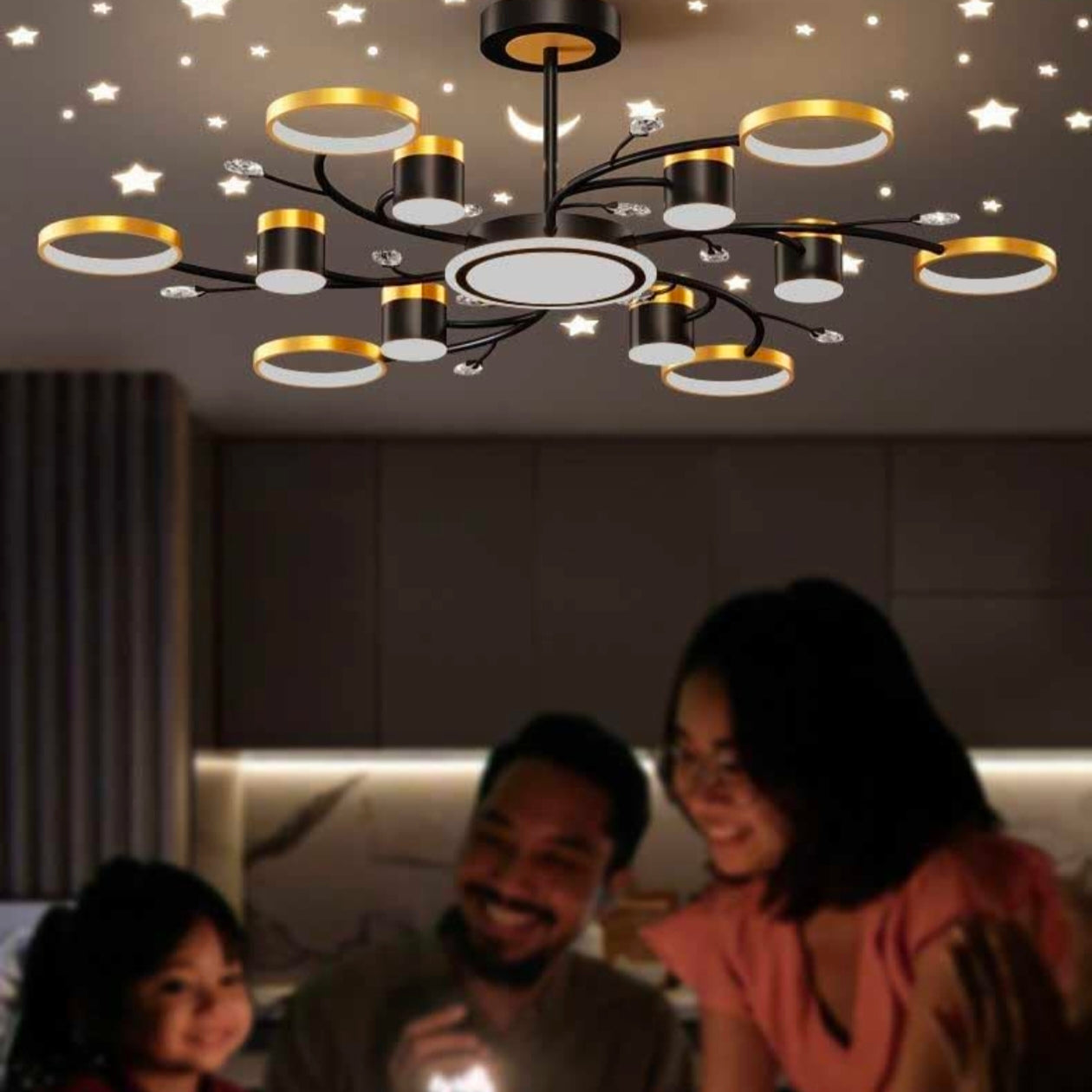 Luxurious 12 - Light LED Chandelier – Warm White Star Projection with Gold and Black Acrylic Finish