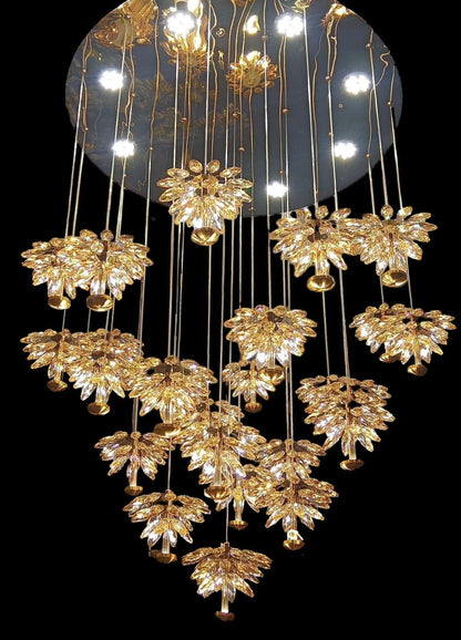 25-Light LED Crystal Flower Double Height Long Stair Chandelier - Elegant Staircase Lighting for Home Decor