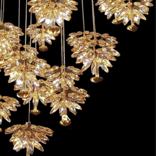 18-Light LED Crystal Flower Double Height Long Stair Chandelier - Elegant Staircase Lighting