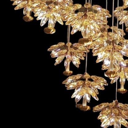 18-Light LED Crystal Flower Double Height Long Stair Chandelier - Elegant Staircase Lighting