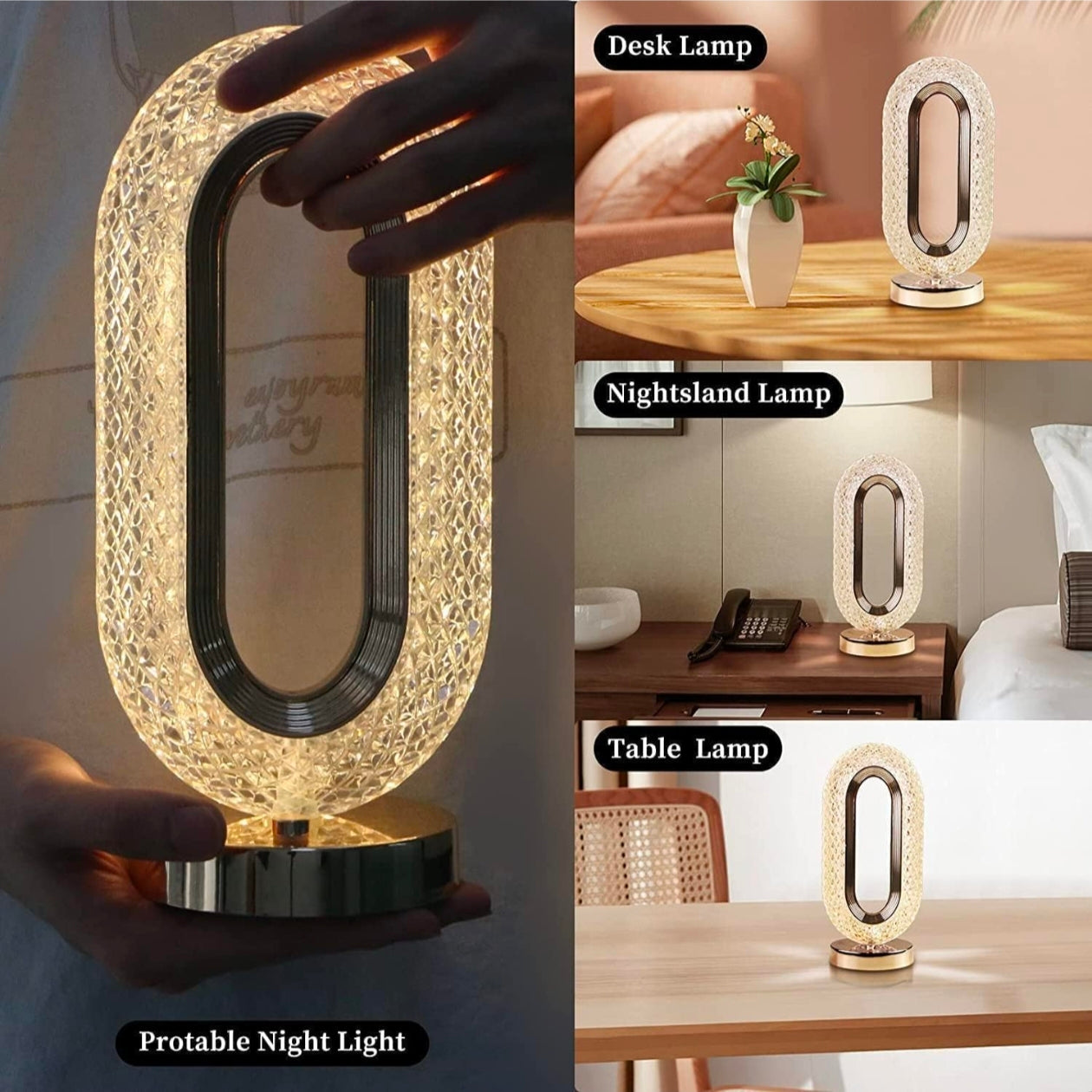 Crystal Stand Night Lamp - LED Touch Control Decorative Bedside Desk Lamp with Oval Golden Metal Design