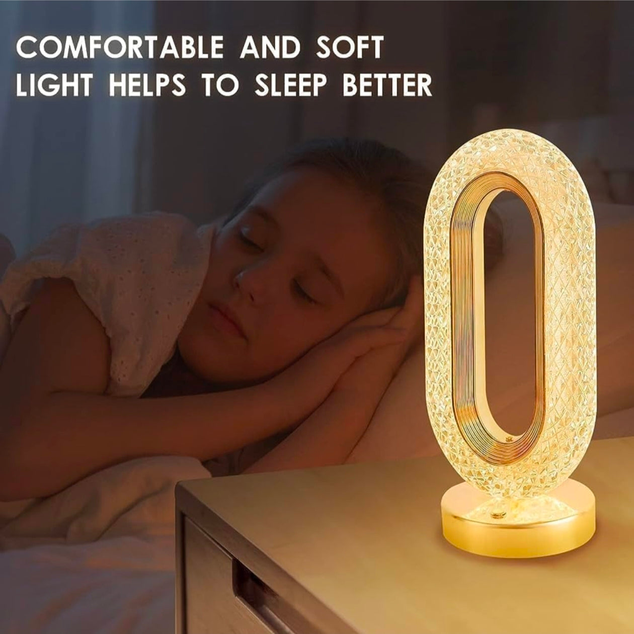 Crystal Stand Night Lamp - LED Touch Control Decorative Bedside Desk Lamp with Oval Golden Metal Design