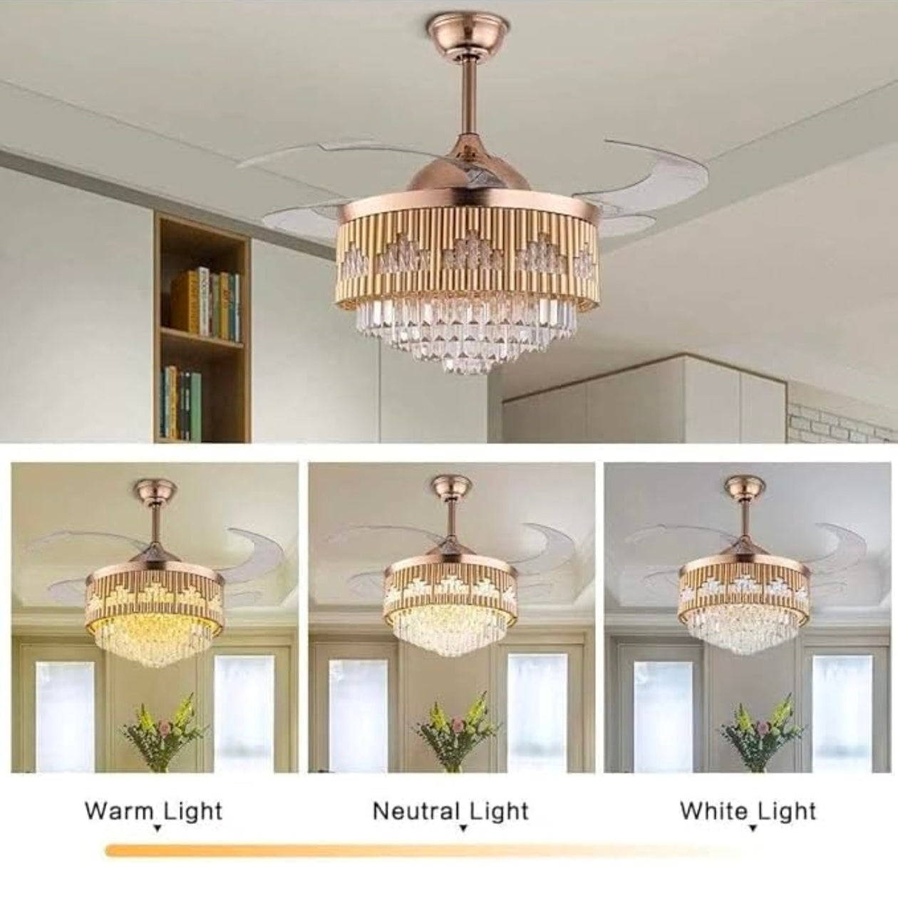 Crystal Ceiling Fan with Lights - Retractable Blades, Remote Control, Modern Luxury LED Chandelier Fan with 3 Speeds and 3 Color Changes - Golden Finish