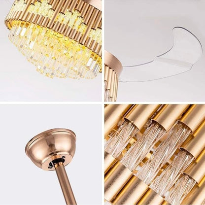 Crystal Ceiling Fan with Lights - Retractable Blades, Remote Control, Modern Luxury LED Chandelier Fan with 3 Speeds and 3 Color Changes - Golden Finish