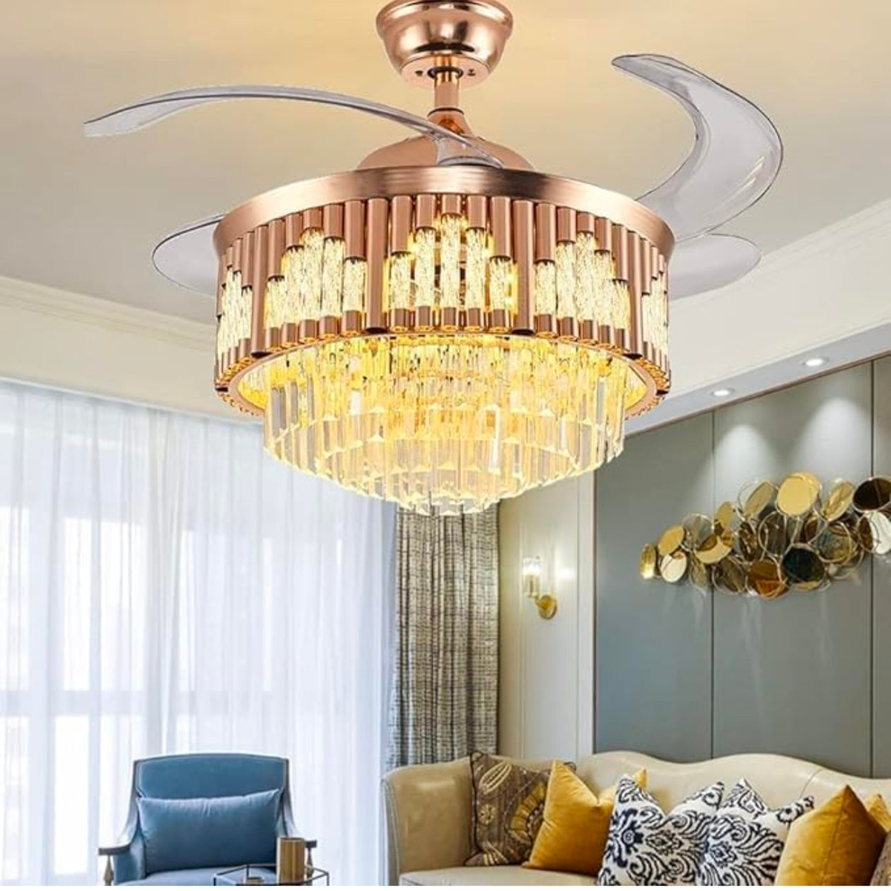 Crystal Ceiling Fan with Lights - Retractable Blades, Remote Control, Modern Luxury LED Chandelier Fan with 3 Speeds and 3 Color Changes - Golden Finish