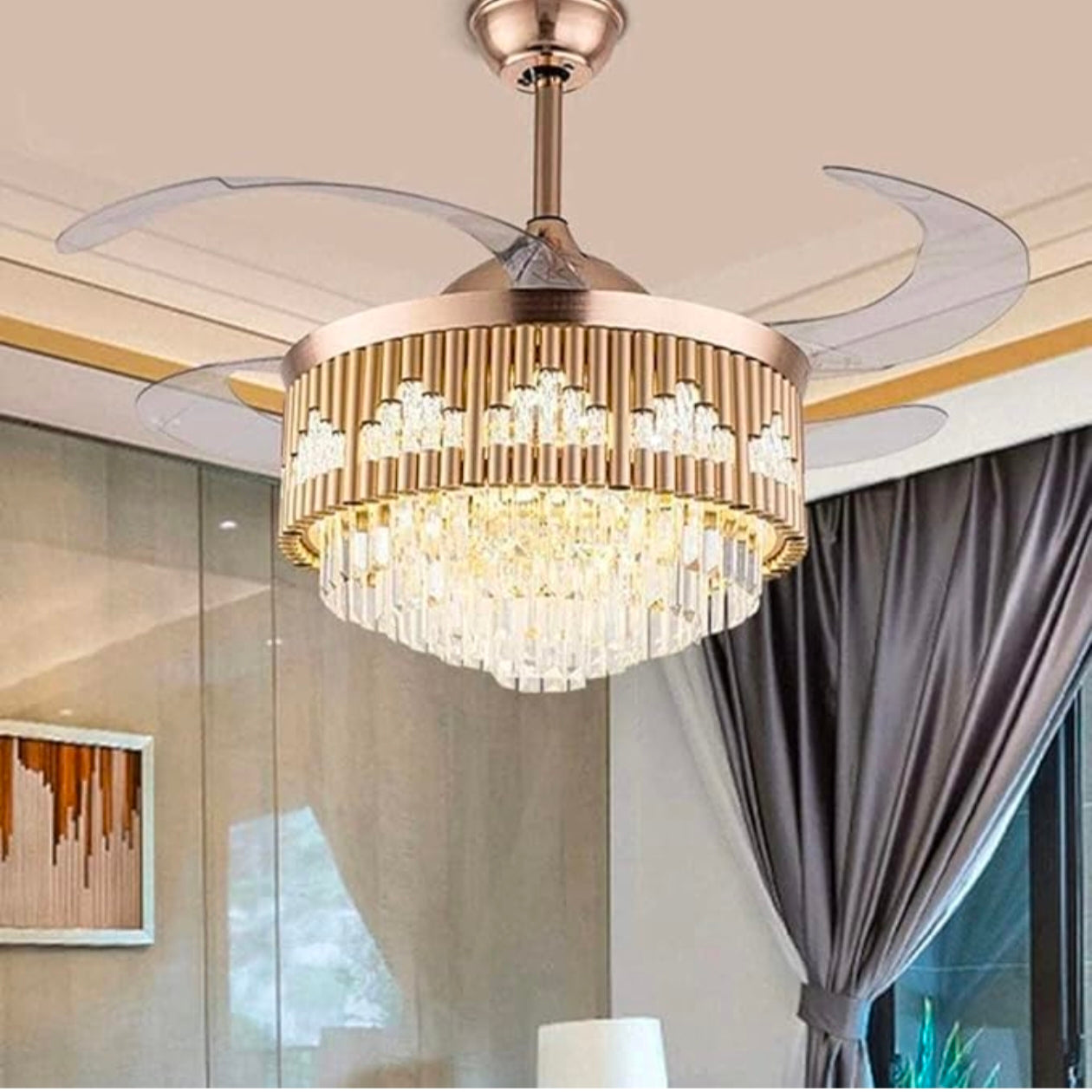 Crystal Ceiling Fan with Lights - Retractable Blades, Remote Control, Modern Luxury LED Chandelier Fan with 3 Speeds and 3 Color Changes - Golden Finish