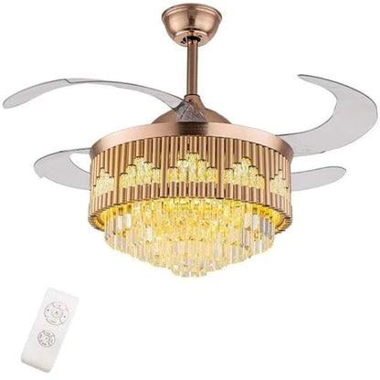 Crystal Ceiling Fan with Lights - Retractable Blades, Remote Control, Modern Luxury LED Chandelier Fan with 3 Speeds and 3 Color Changes - Golden Finish