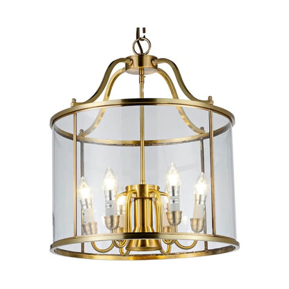 Modern 6-Light Brass Drum Chandelier with Clear Glass Shades - Elegant Round Pendant Light for Dining Room, Kitchen, and Bedroom Décor (Dia-42cm)