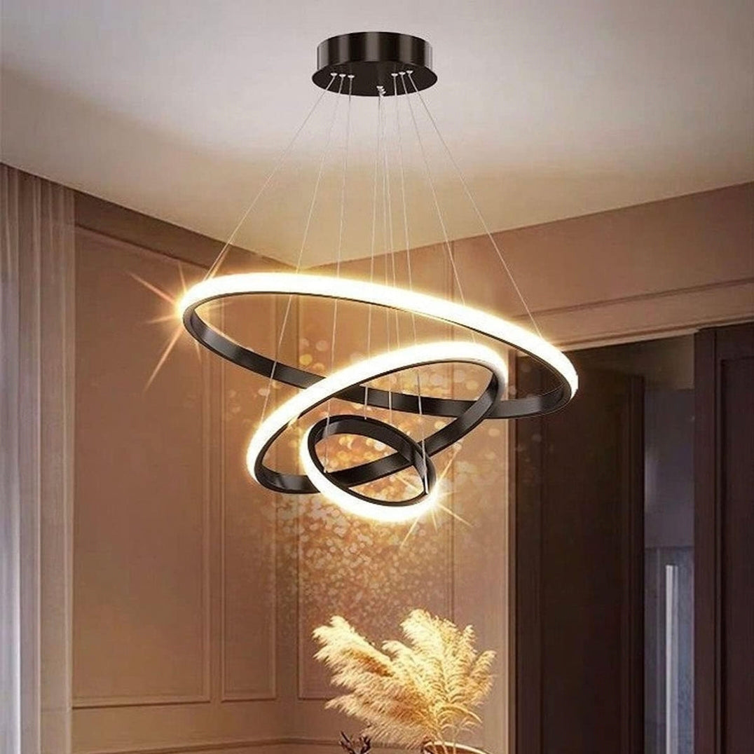 Modern 3 Ring LED Pendant Light in Black - Sleek Hanging Fixture for Contemporary Home Décor