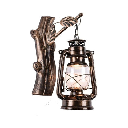 Tree Branch Wall Mounted Light - Retro Nostalgia Lantern Sconce in Antique Iron and Glass for Aisle, Corridor, and Stairwell Lighting