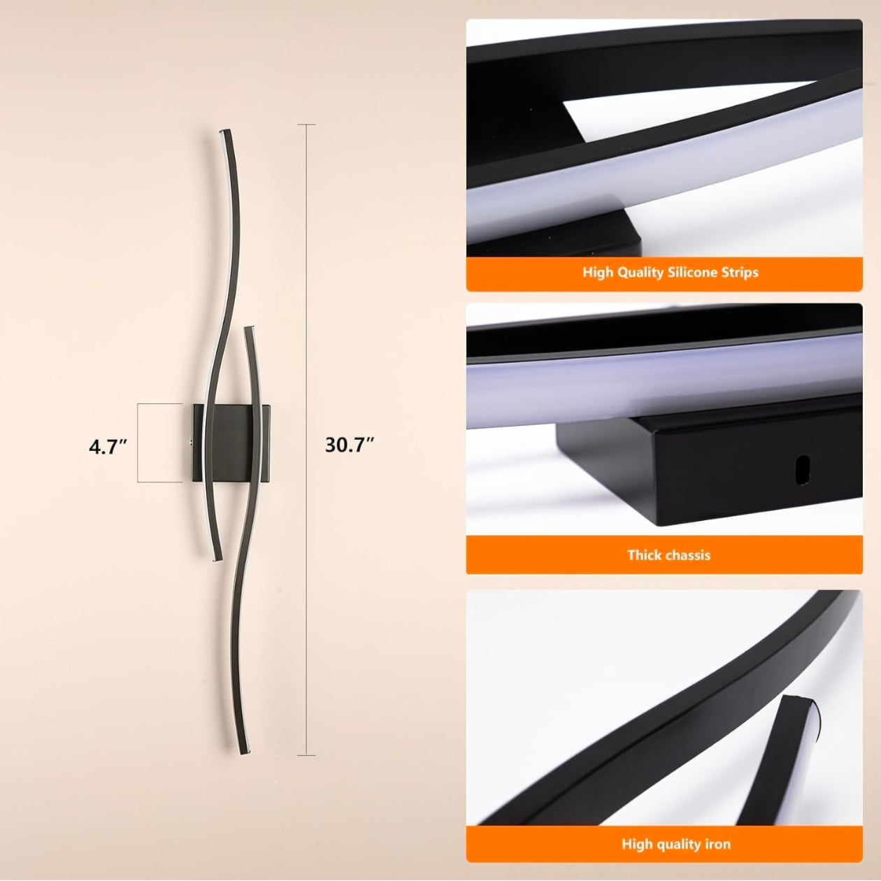 LED Black Long Wall Light - Warm White Fixture for Living Room and Bedside Decor - Height 800 mm