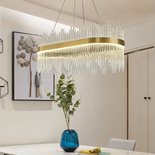 Gold Stainless Steel Icicle Tube Glass Crystal Pendant Chandelier – Warm White Ceiling Lights - 800x350mm