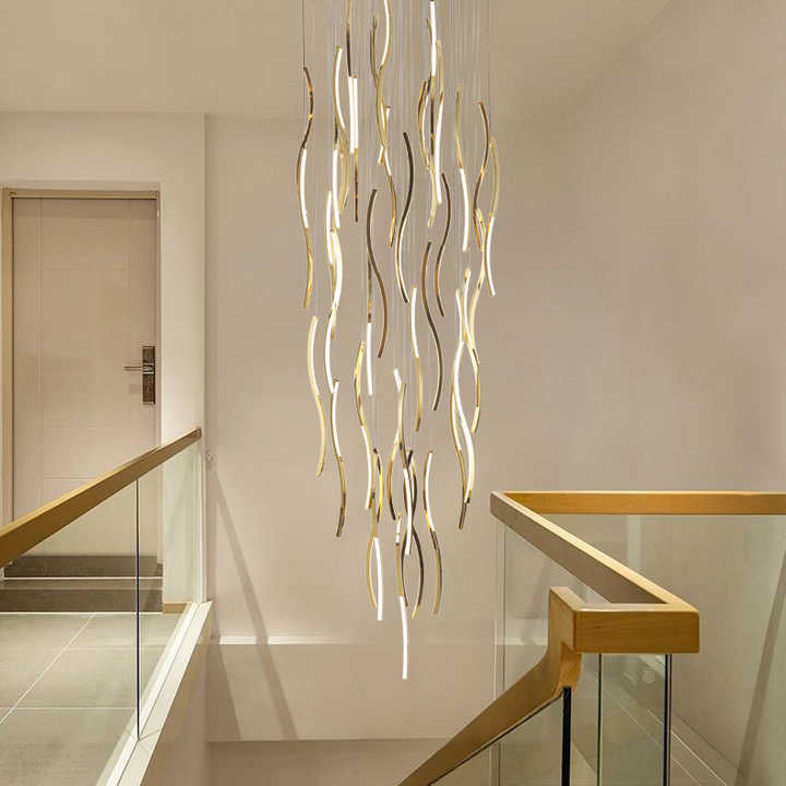 35-Light LED Gold S-Style Double Height Long Stair Chandelier - Stunning Lighting for Staircases