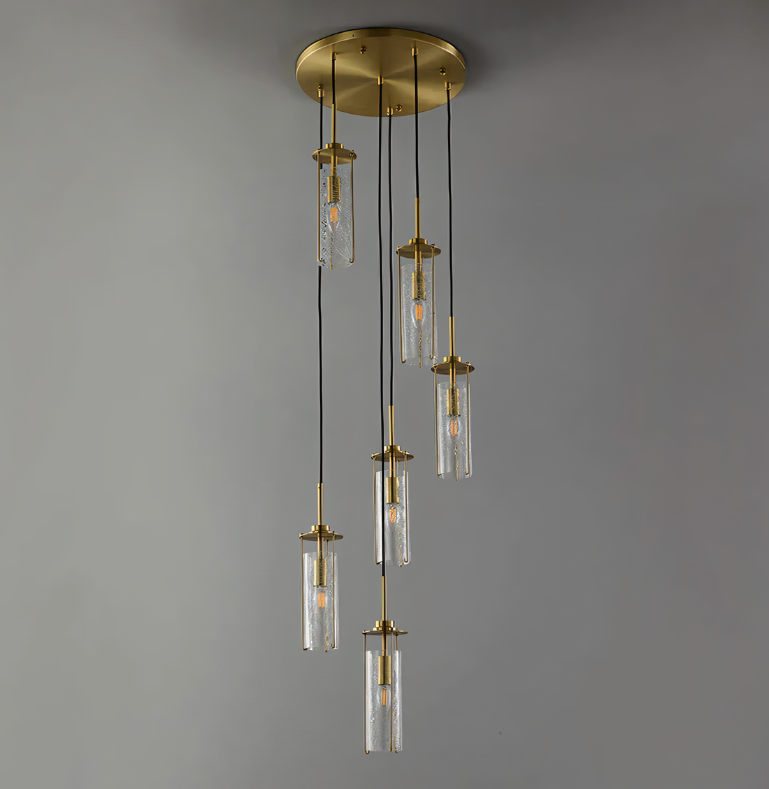 6-Light Brass Gold Crackle Glass Double Height Stair Chandelier - Stunning Ceiling Fixture for Grand Entrances