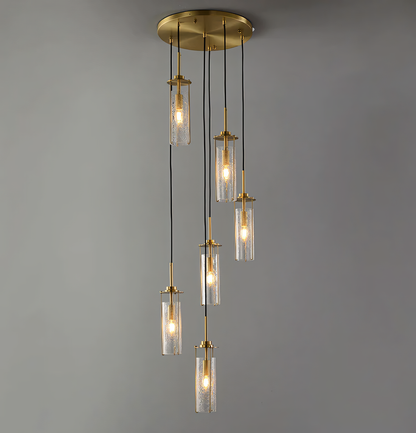 6-Light Brass Gold Crackle Glass Double Height Stair Chandelier - Stunning Ceiling Fixture for Grand Entrances