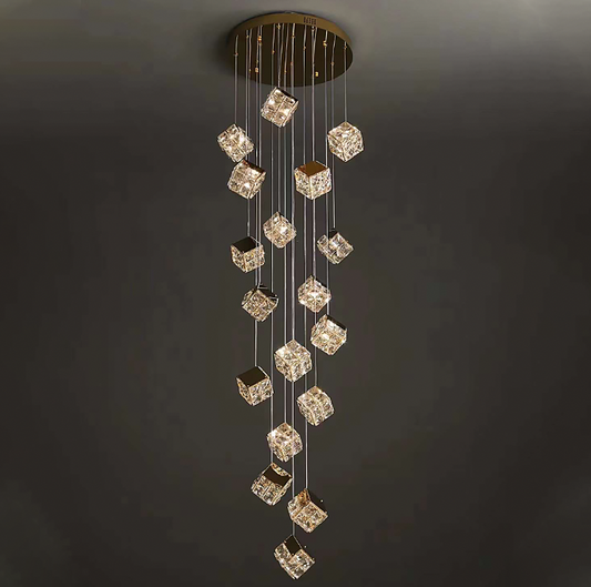 Modern 18-Head Cube Crystal Cluster Staircase Chandelier for Luxurious Home & Hotel Lighting