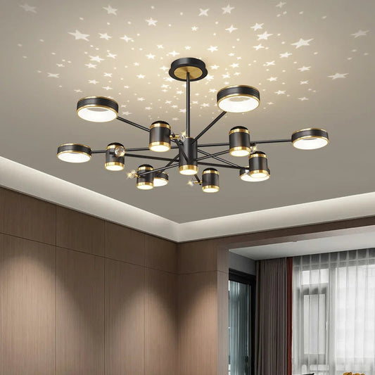 Modern LED Chandelier with Remote Control Featuring Starry Projection - Stylish Ceiling Pendant Light for a Unique Ambiance