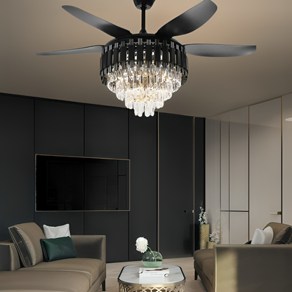 52-Inch Crystal Ceiling Fan - Black and Gold Chandelier with Remote Control and 6 Blades