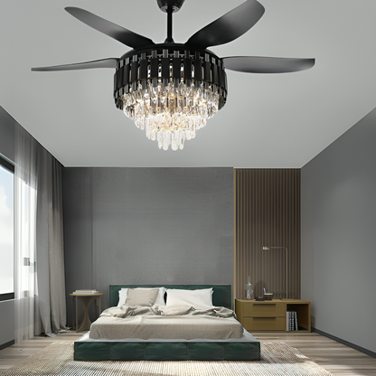 52-Inch Crystal Ceiling Fan - Black and Gold Chandelier with Remote Control and 6 Blades