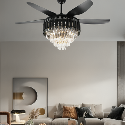 52-Inch Crystal Ceiling Fan - Black and Gold Chandelier with Remote Control and 6 Blades