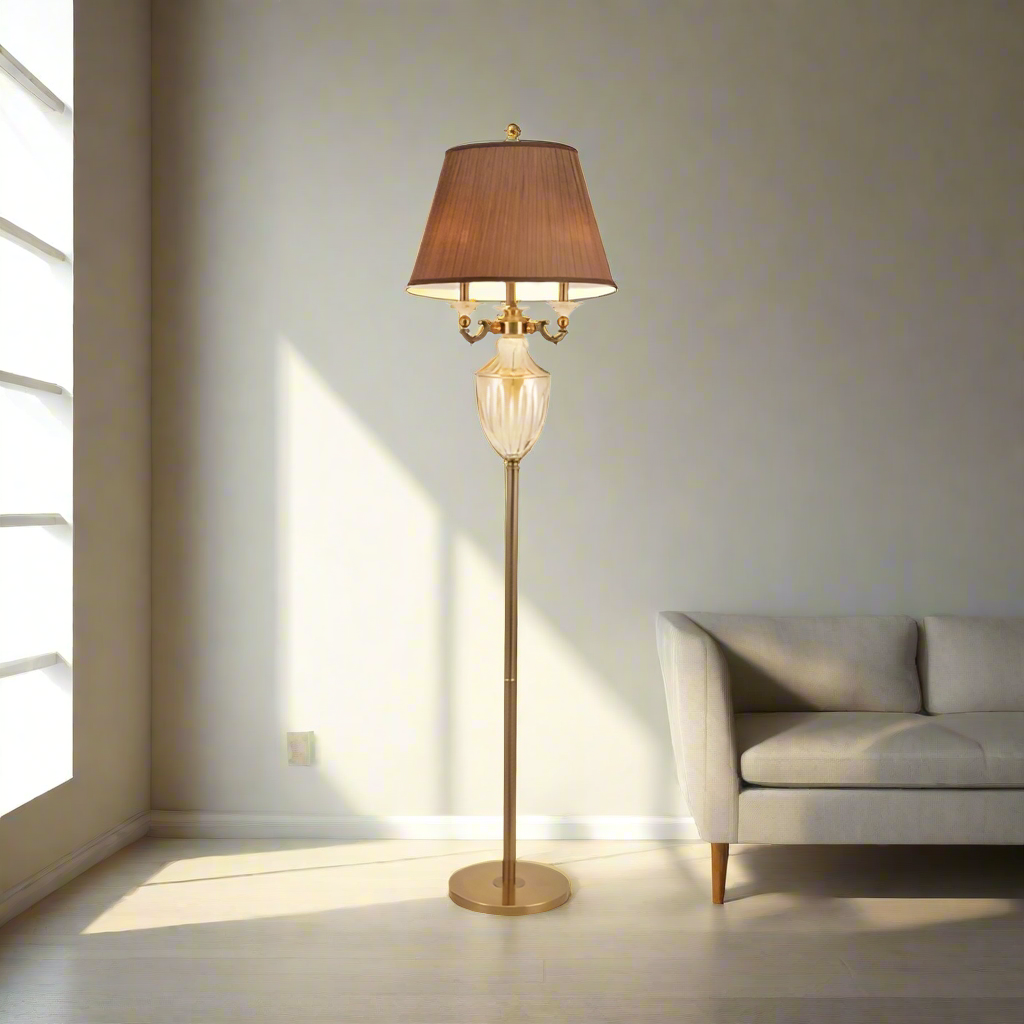 Beige Tapered Fabric Floor Lamp with Dangling Crystal Accents - Traditional Elegance for Reading & Ambient Lighting