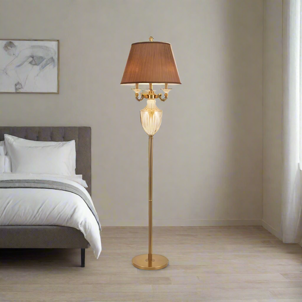 Beige Tapered Fabric Floor Lamp with Dangling Crystal Accents - Traditional Elegance for Reading & Ambient Lighting