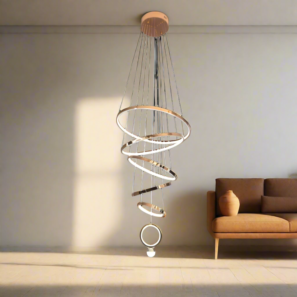 Elegant 5+1 Golden LED Ring Chandelier for Duplex Staircase - Modern Lighting Design