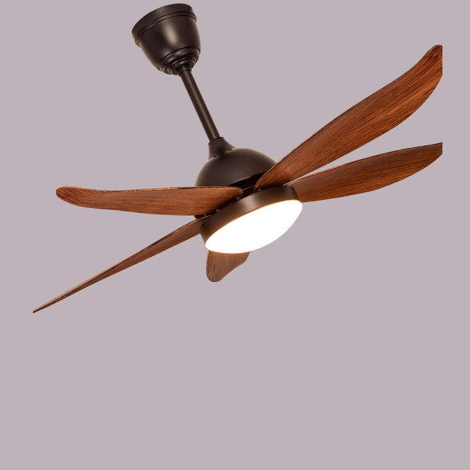 West Minister Ceiling Fan - 122 cm Span, Matt Black Finish Metal Body with Teak Finish ABS Blades, Dimmable LED Lighting, and Remote Control