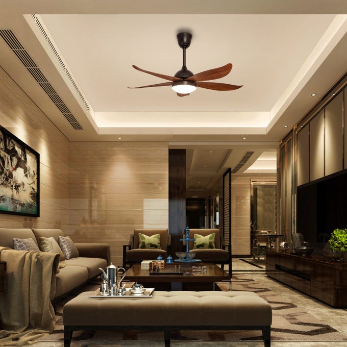 West Minister Ceiling Fan - 122 cm Span, Matt Black Finish Metal Body with Teak Finish ABS Blades, Dimmable LED Lighting, and Remote Control