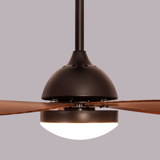 West Minister Ceiling Fan - 122 cm Span, Matt Black Finish Metal Body with Teak Finish ABS Blades, Dimmable LED Lighting, and Remote Control