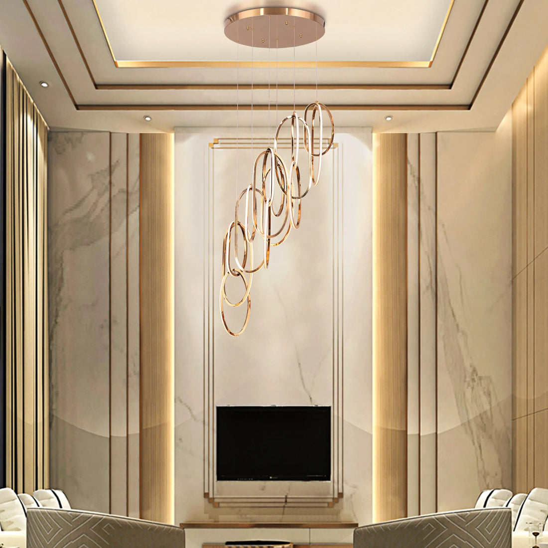 Front Row Seats Double Height Chandelier - Gold Finish, 3-Color Dimmable LED with Remote Control