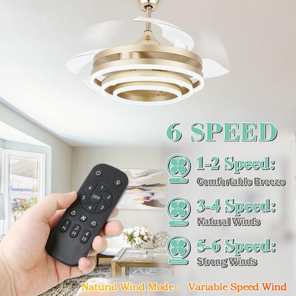 Indoor Gold Retractable Ceiling Fan with Lights - 6-Speed, Remote Controlled, 42-Inch Fan for Modern Homes