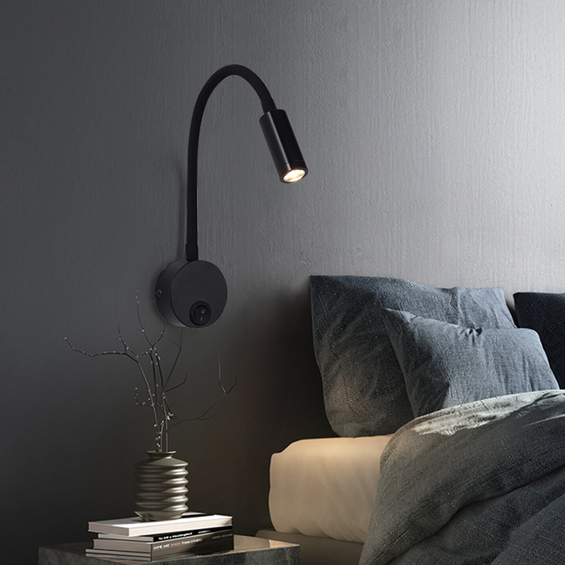 Modern Gooseneck Light Bedside Lamp 360° Lamp - 3W Aluminum Flexible Wall Reading Lights With On Off Switch Bed Lamp - Black - Warm White