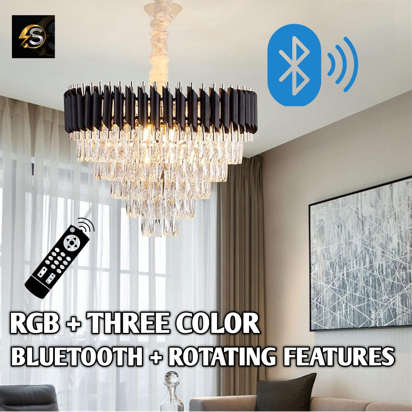 Black Mamba Round Chandelier – RGB + 3-Color Bluetooth Lighting with Remote Control & Rotating Feature